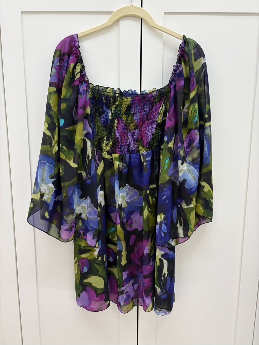Floral Off-Shoulder Smocked Tunic Top - Purple Multi